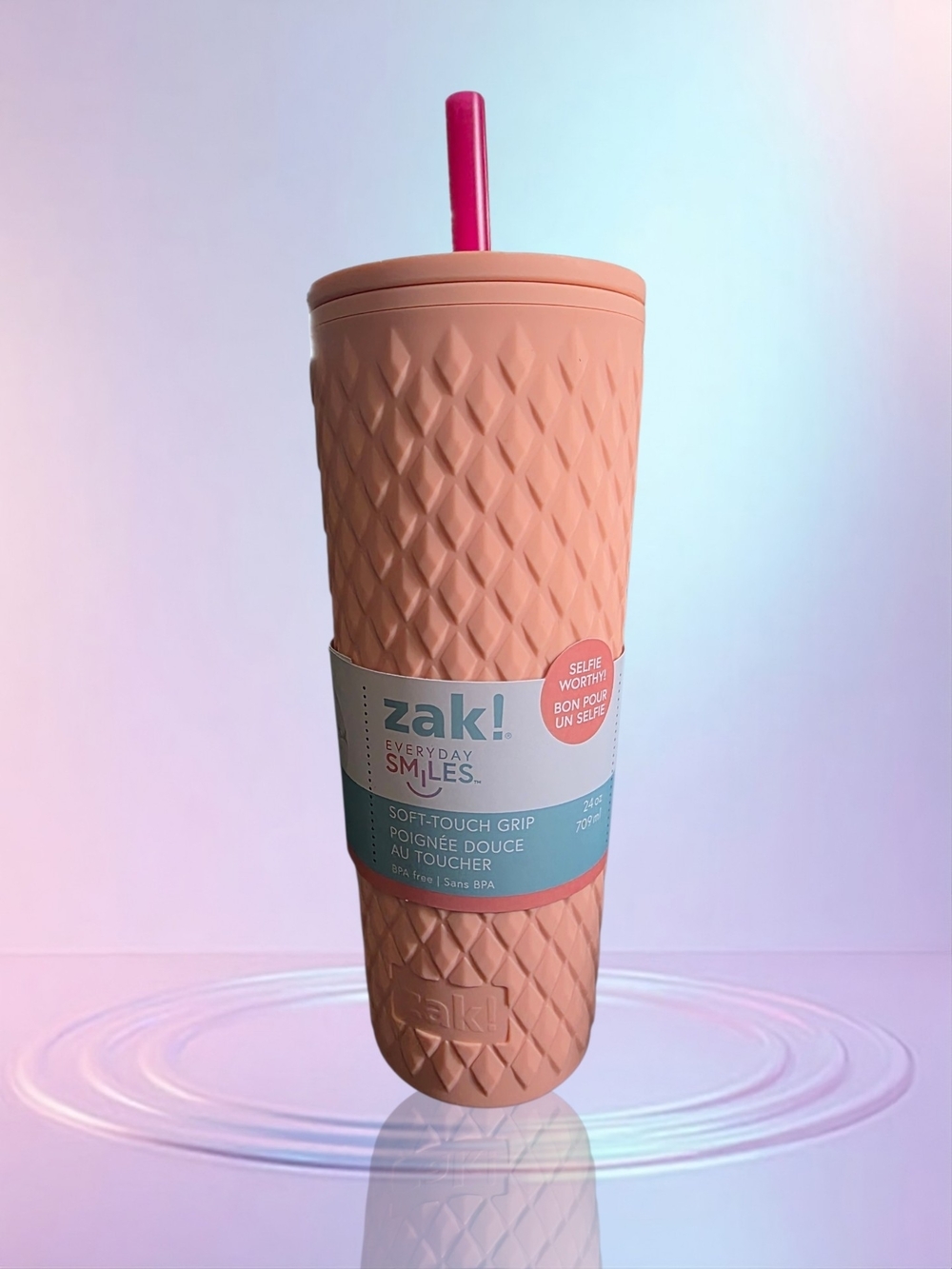 Zak Designs 24oz Water Bottle Peach Color With Pink Straw Soft Touch Grip